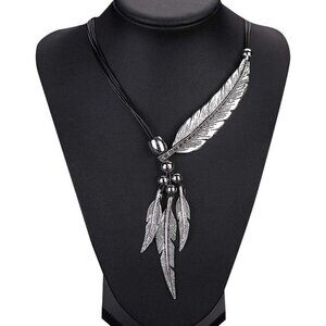 Boho Silver Feather Pendant Necklace Vintage Statement Jewelry for Women